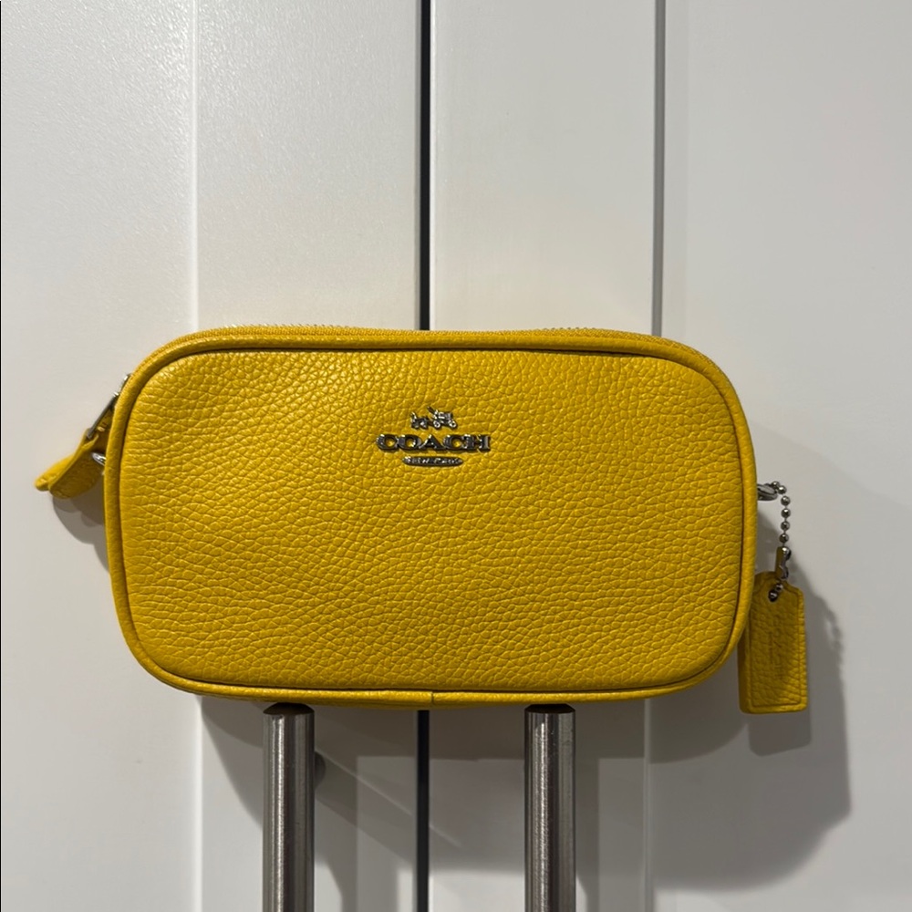 Coach Polished Pebble Yellow Mini Leather Crossbody Double Zip Bag